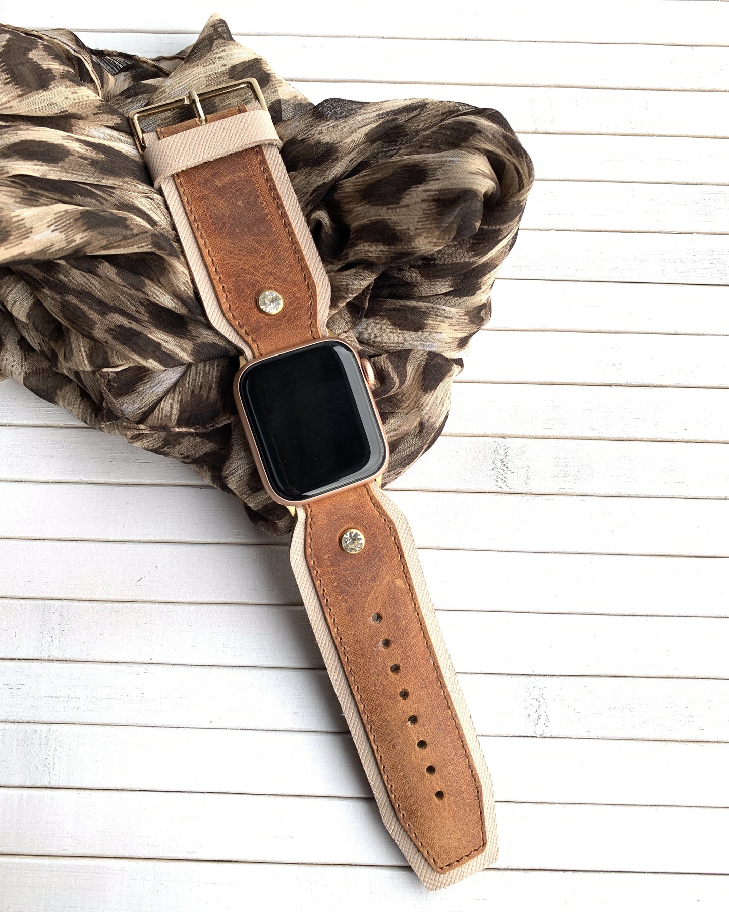 Authentic Crazy leather Diamond studded watch strap