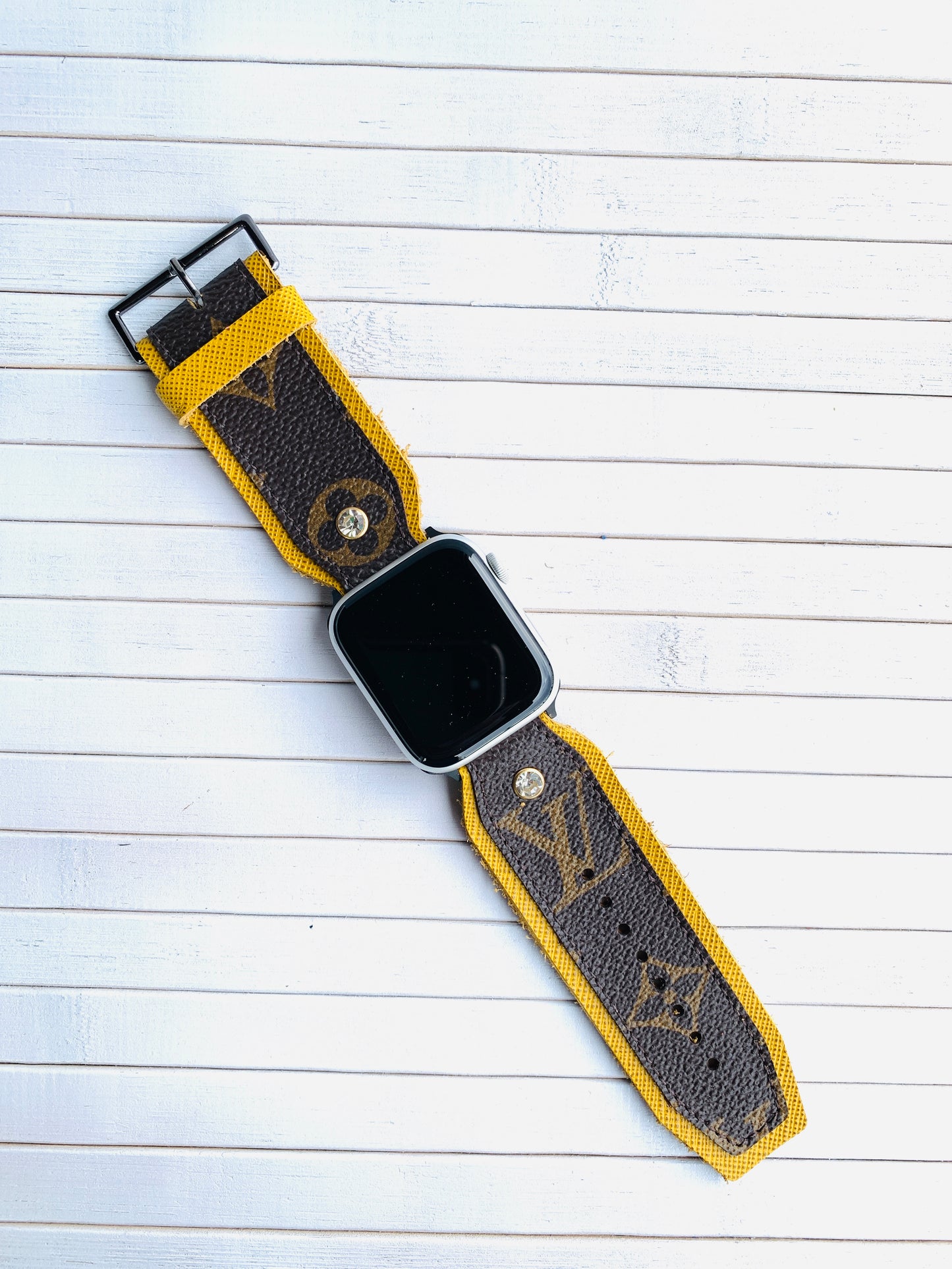 Authentic recycled watch strap on YELLOW leather