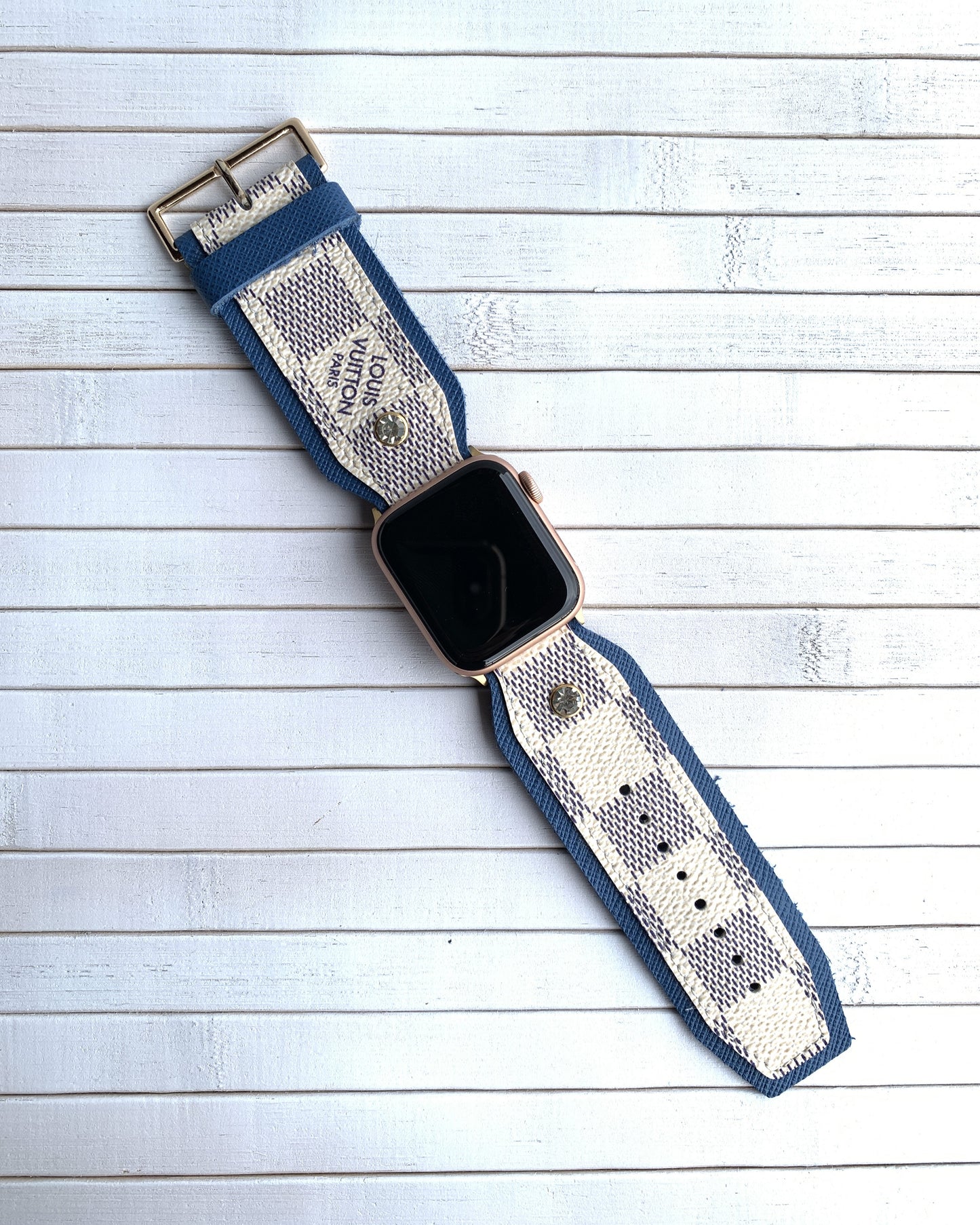 DAMIER Watch strap with Recycled studs on blue leather