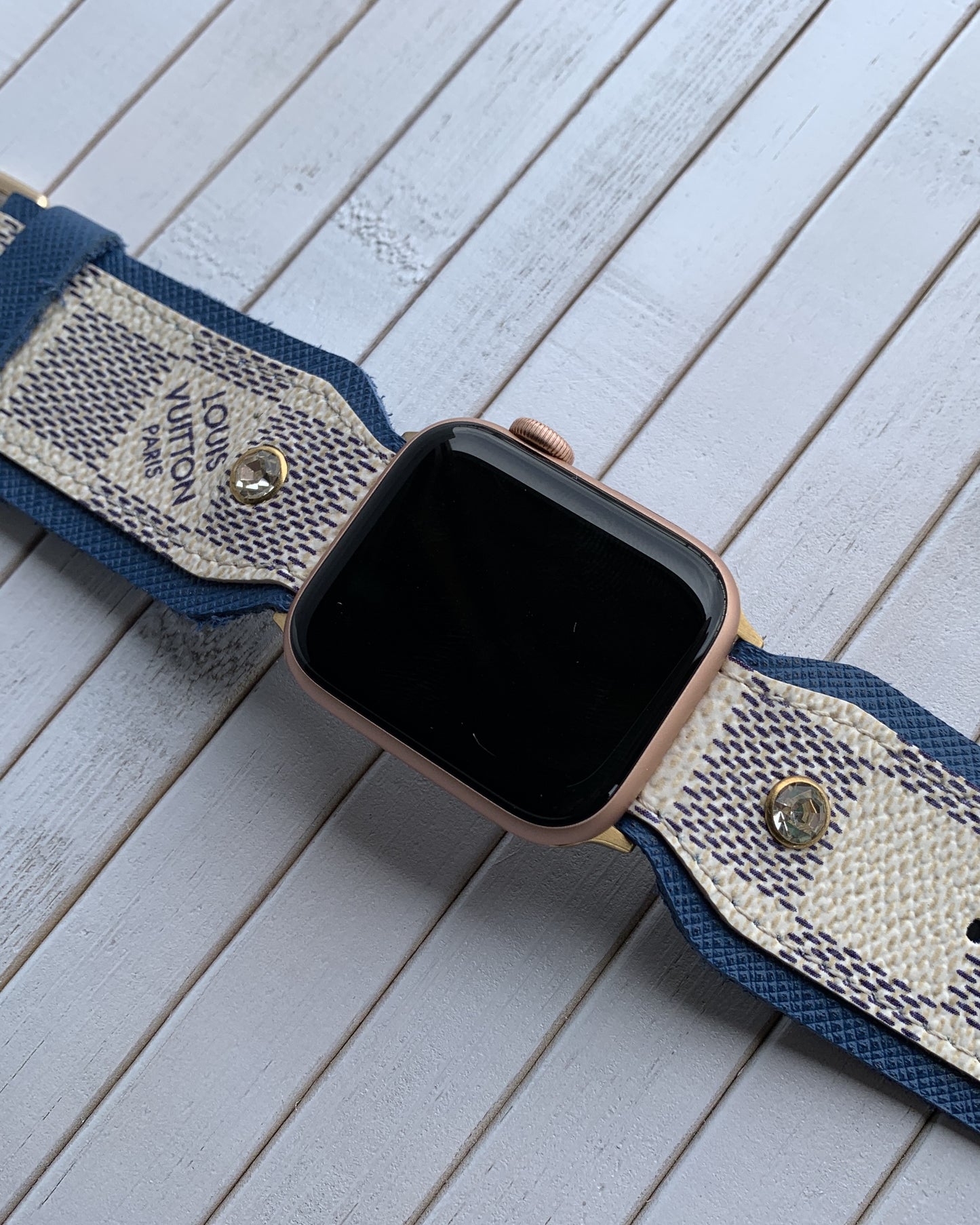 DAMIER Watch strap with Recycled studs on blue leather