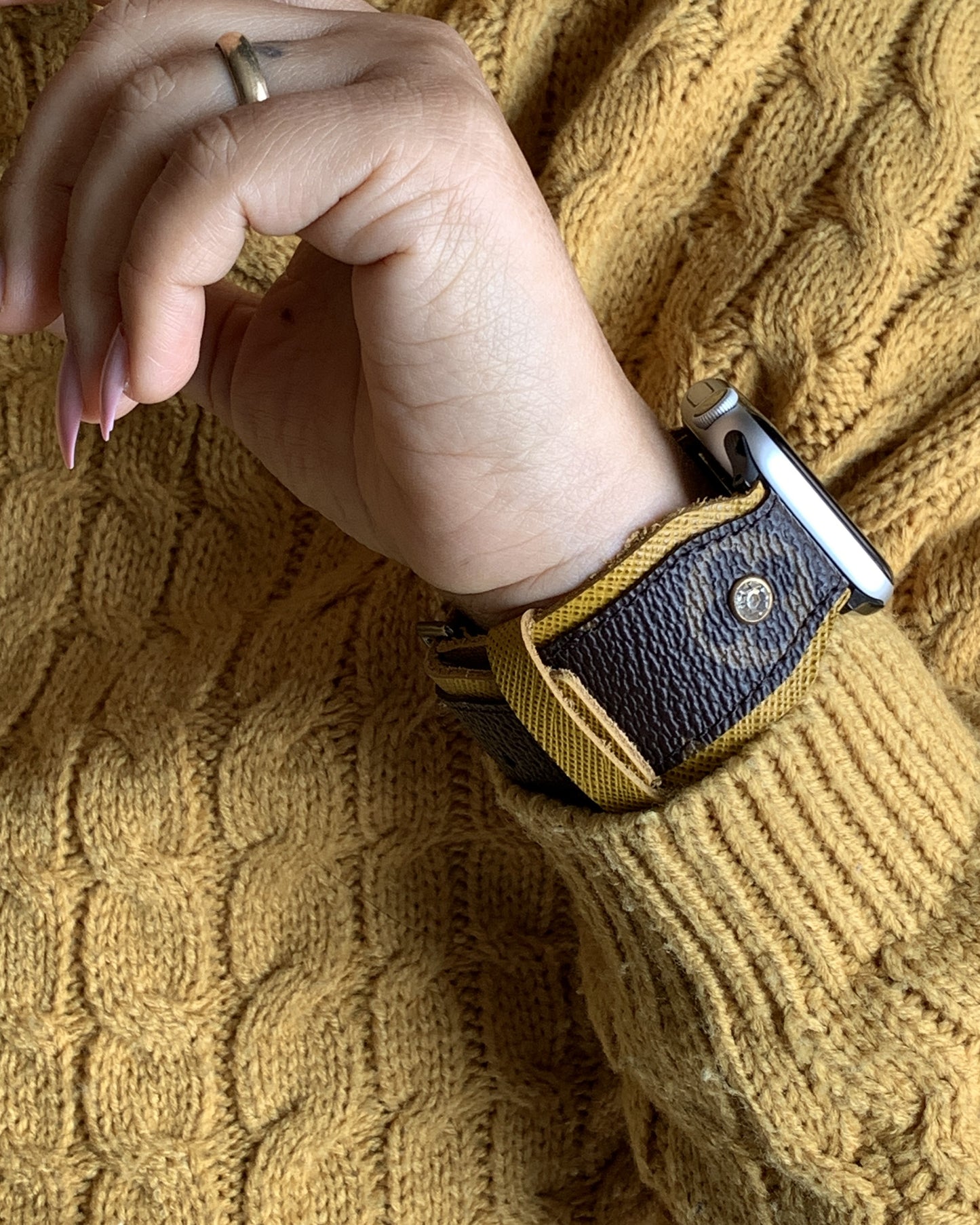 Authentic recycled watch strap on YELLOW leather