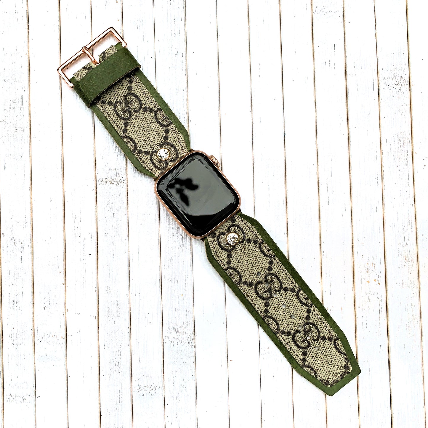 Authentic recycled watch strap on GG Green leather Buckle Model