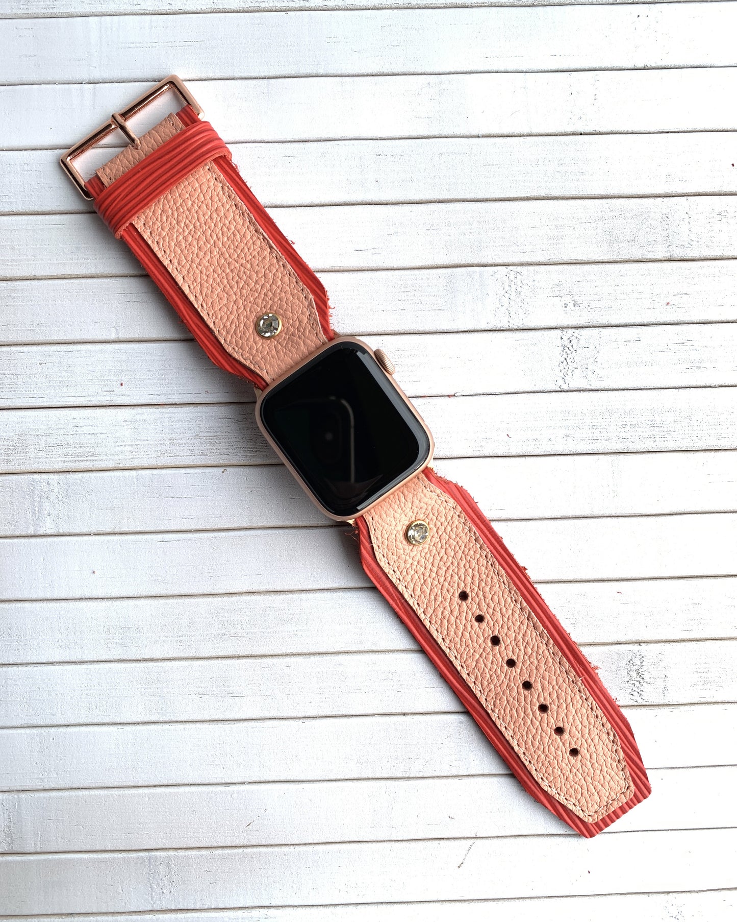 Authentic Pink and Red leather Diamond studded watch strap