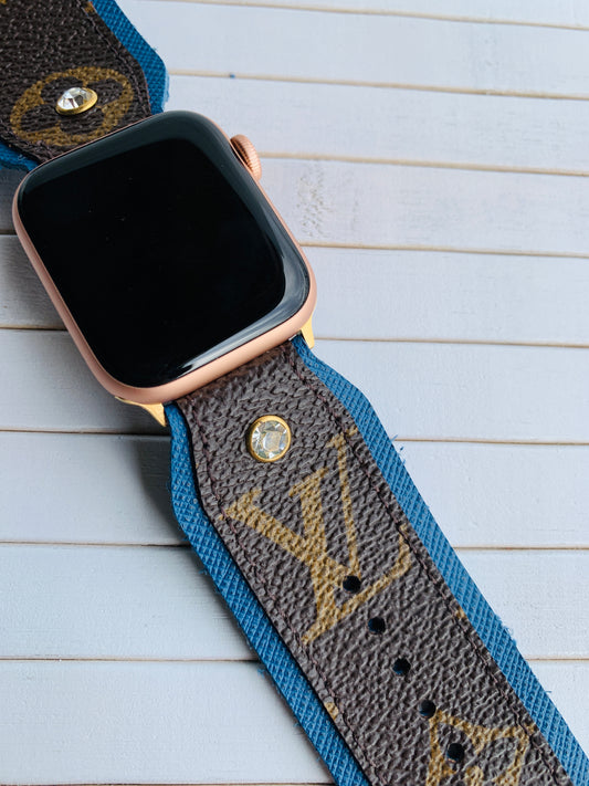 Authentic recycled watch strap on BLUE leather
