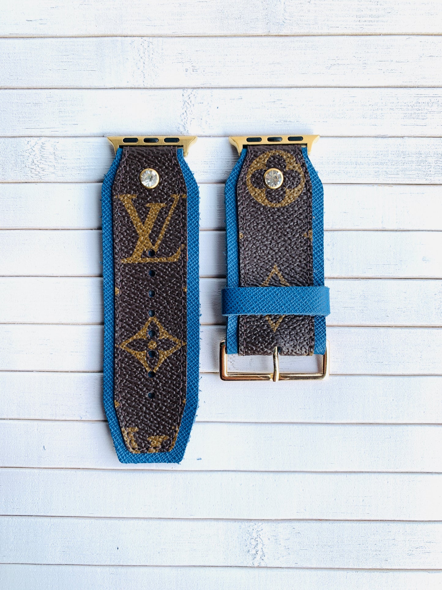 Authentic recycled watch strap on BLUE leather