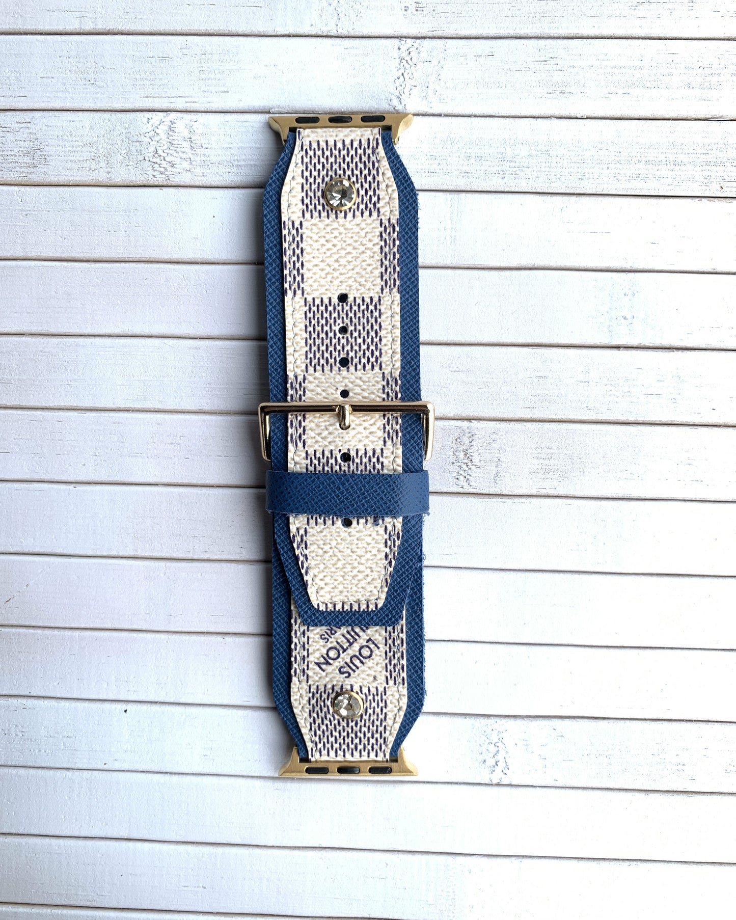 DAMIER Watch strap with Recycled studs on blue leather